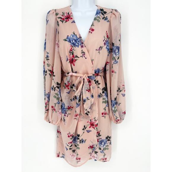 Express NWT Blush Pink Floral Butterfly Chiffon Tie Waist Faux Wrap Dress Size S - Picture 9 of 9